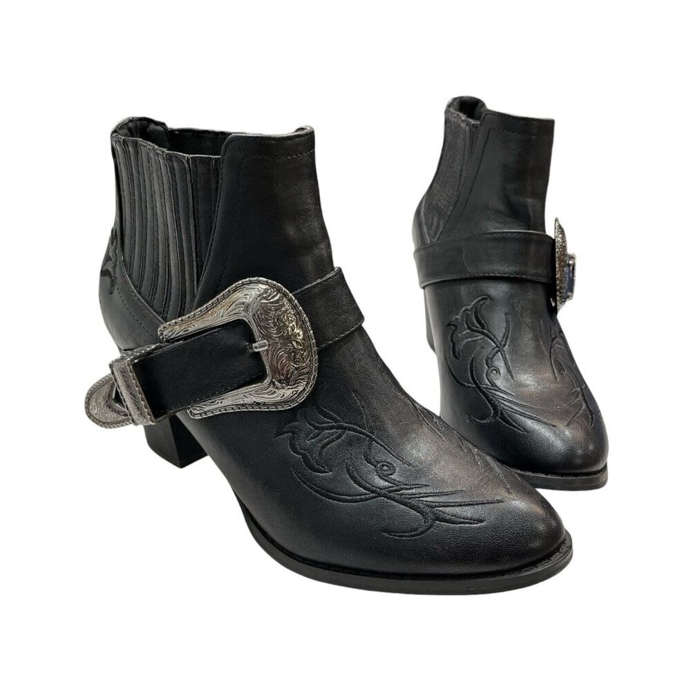 Misguided Cowgirl Ankle Booties Women 6 Black Faux Leather Pull On Buckle Casual
